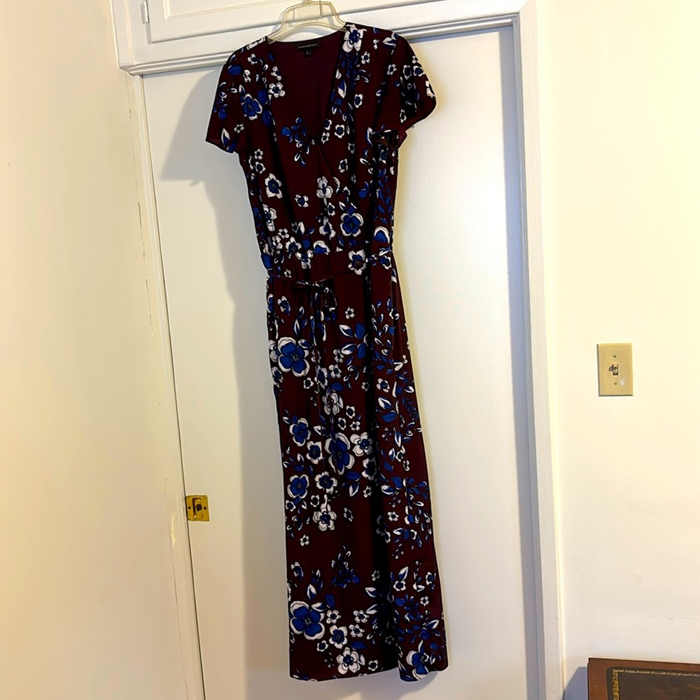 Banana Republic flower print maxi dress w/ flutter sleeve, skinny tie belt